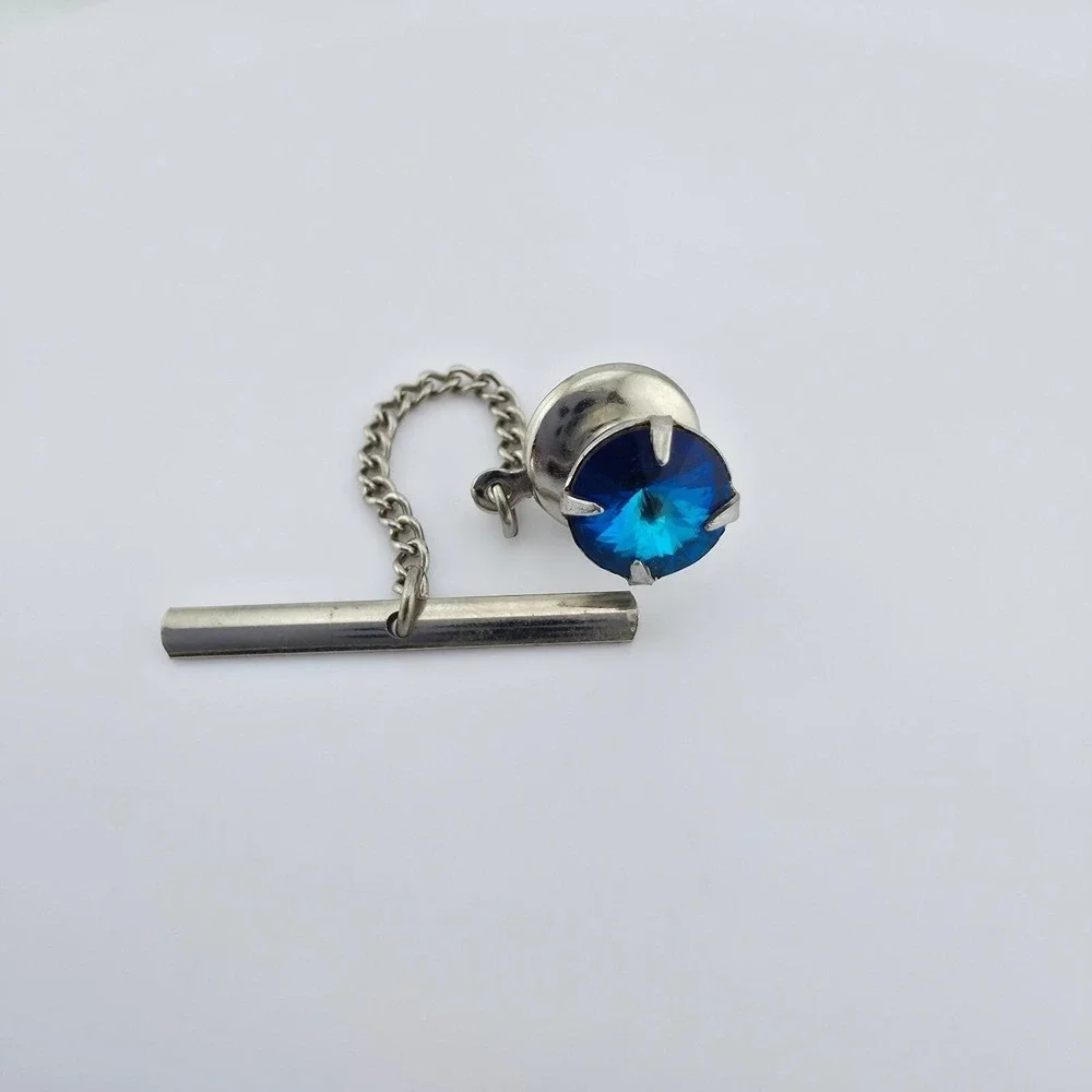 Vtg 1970's Tie Tack Pin Blue Crystal Rivoli Cut Buttonhole Barbell Silver Tone